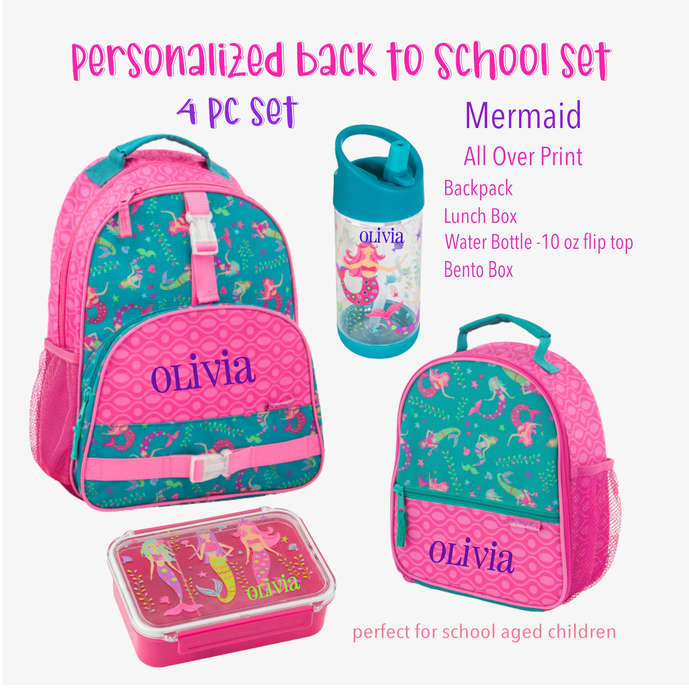 Personalised Lunch Box & Water Bottle Set Kids Lunch Bag Girls Lunch Box  Kids Water Bottles Mermaid Lunch Box Unicorn Lunch Box 