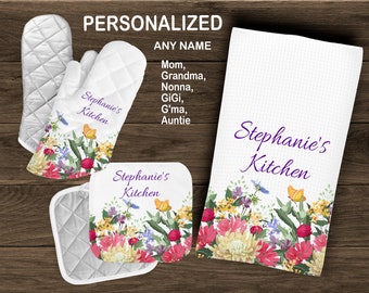 Personalized Floral Kitchen Towel Set, Grandma Gift