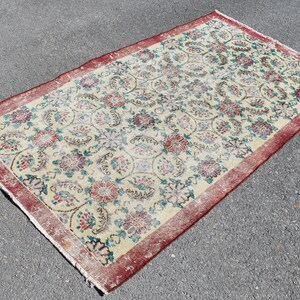 Turkish bohemian rug, Vintage floor rug, Handmade oushak rug, Area rug, Boho decor, Wool rug, Oushak rug, Kitchen decor, 3.8 x 6.7 ft TV3422