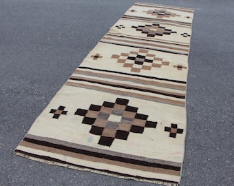 Beige and brown runner rug, Turkish kilim rug, Vintage handmade kilim rug, Bohemian rug, Hallway kilim rug, Rustic rug, 3.7 x 12.2 ft TV3041