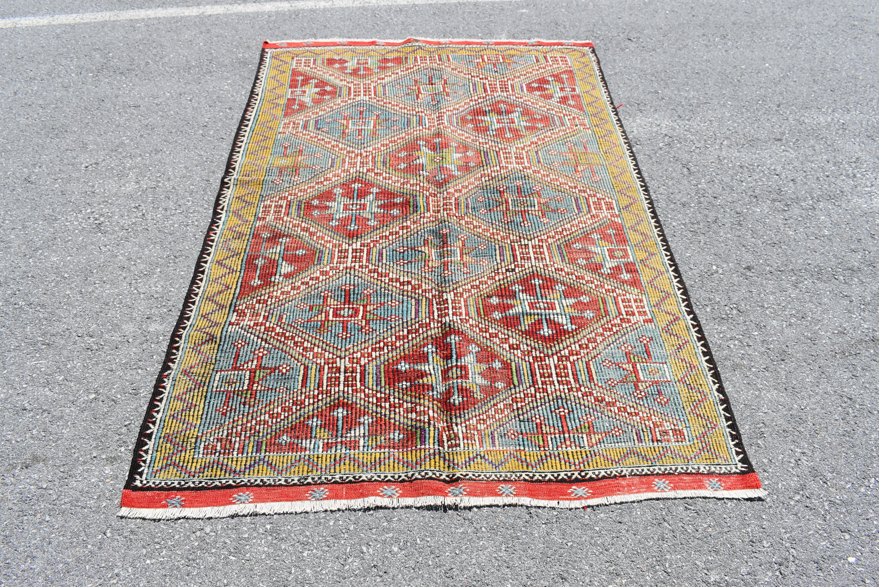 4.6 x 6.6 Feet TV2531 Kitchen rug Bohemian rug Handmade rug Turkish area rug Natural wool rug Blue and red kilim rug Home decor