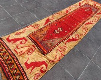 Beige runner rug, Hallway rug, Turkish oushak rug, Vintage handmade rug, Floral rug, Farmhouse rug, Bohemian rug, 2.8 x 10.8 ft TV0095