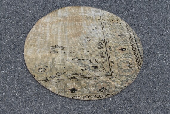 Turkish rug, Vintage rug, Handmade rug, Orange area rug, Oriental rug, Boho rug, Wool rug, Boho home decor, Circle rug, 3.2 x 3.2 ft TV2942