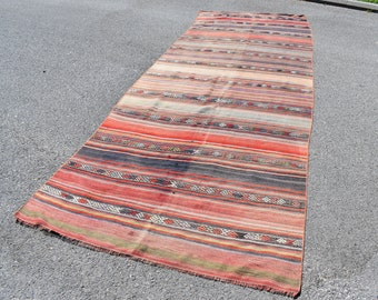Runner kilim, Rainbow striped rug, Turkish vintage handmade kilim rug, Hallway kilim rug, Livingroom rug, Boho rug, 4.8 x 13.4 ft  TV3097