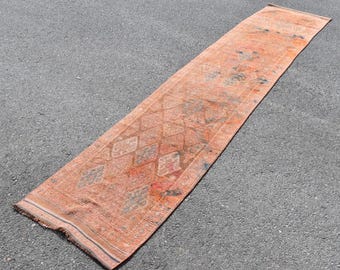 Pink hallway rug, Turkish rug runner, Herki rug, Vintage handmade rug, Natural wool rug, Bohemian rug, Boho decor,  2.4 x 12.5 Feet TVR0020