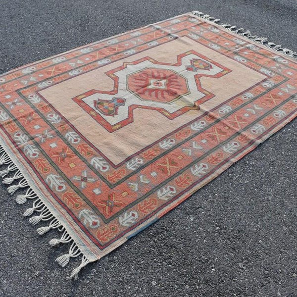 Alfombra turca vintage con diseño floral, hecha a mano en lana (1,7 x 2,4 m)