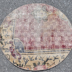 Boho circle rug, Turkish vintage rug, 2.7 x 2.7 Feet Handmade rug, Red rug, Small rug, Wool rug, Doormat rug, Home decor rug, Rug, TV1951