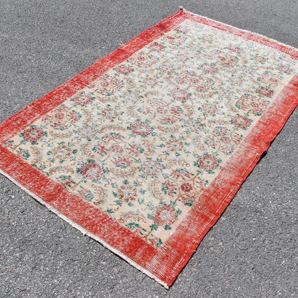 Alfombra floral turca naranja, Alfombra vintage decorativa, Alfombra de dormitorio, Alfombra de área hecha a mano, Decoración Boho, Decoración de cocina, Alfombra Boho, 3,9 x 6,6 pies TV2787