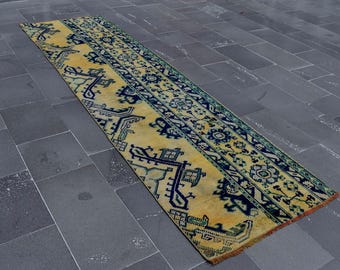 Turkish vintage runner rug, Orange and blue rug, Boho decor, Handmade wool rug, Hallway rug, Entryway rug, Floor rug 2.7 x 9.6 ft TVR1463