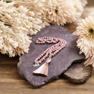 Rhodochrosite Mala Bead Necklace: Lotus Charm, Tassel, 108 Beads