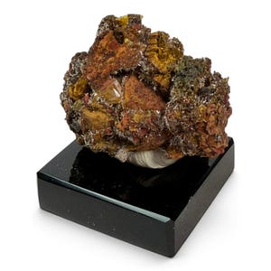 May include: A raw mineral specimen featuring a cluster of jagged, multi-colored crystals in shades of rust-red, ochre, and dark brown, accented with fine, needle-like metallic formations, mounted securely on a polished, square black base.