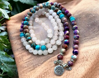 Rose Quartz and Emperor Jasper Mala Necklace, Mala Prayer Beads, 108 Mala Necklace with Bracelet