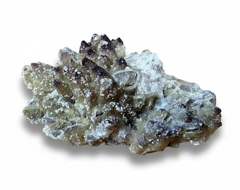 May include: A cluster of crystals with dark purple tips and a light brown base. The crystals are clustered together, with a rough, textured appearance. The overall color palette is earthy, with hints of white and gray.