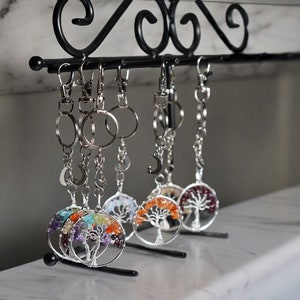 Crystal Tree of Life Keychain: Moon Charm Keyring