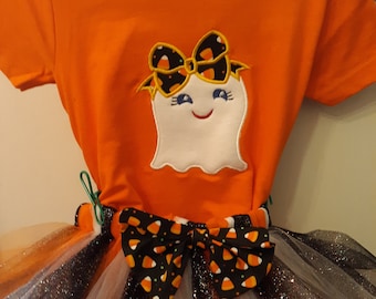 Toddler Girl Halloween Tutu & Embroidery Orange Shirt with Ghost/ Size 2