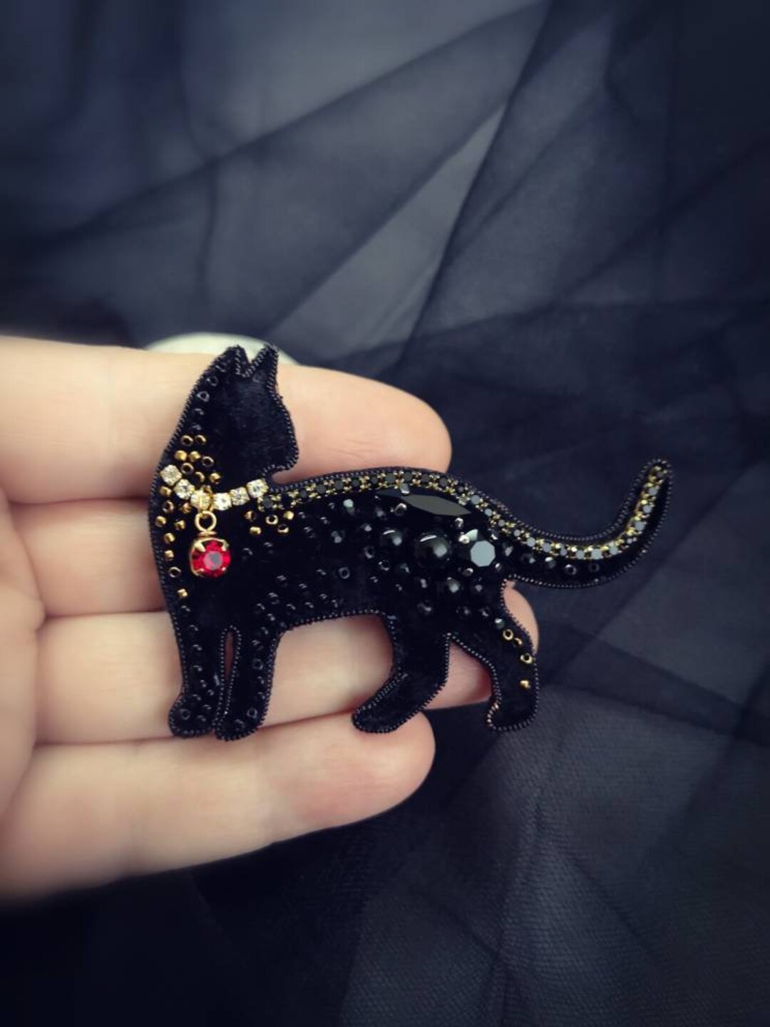 Black Velvet Cat Brooch | Handmade Crystal Beaded Cat | Mystic Black ...