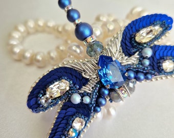 Silver Blue Dragonfly brooch with crystals and pearls | Luxury gift for woman | Royal Blue Insect brooch | Nature inspired gift