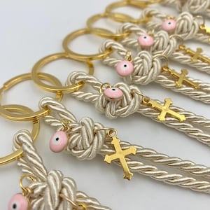 10 pcs, Martyrika for Greek Orthodox Baptism with cross and evil eye charm, Baptism Favors Keychains for Girls, First communion
