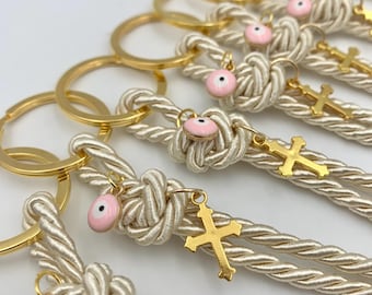 10 pcs, Martyrika for Greek Orthodox Baptism with cross and evil eye charm, Baptism Favors Keychains for Girls, First communion