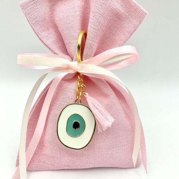 Evil Eye Boubounieres | Set of 10 | Baptism Favors | Evil Eye Keychain | Sugared Almond Favors | Baby Shower Favors | Christening Pouches