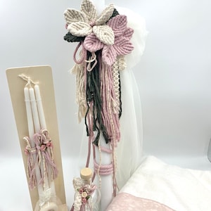 Macrame Flower Baptism set-Baptism girl set-Greek baptism set-Orthodox Baptism-Greek Christening-Candle Ladopana Keepsake box Oil set.