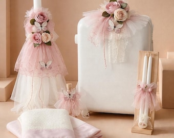 Set per battesimo con farfalle - Set per battesimo bambina - Set per battesimo greco - Battesimo ortodosso - Battesimo greco - Scatola ricordo con candela Ladopana e set di oli essenziali.