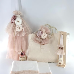 Flower baptism set-Romantic Baptism girl set-Greek baptism set-Orthodox Baptism-Greek Christening-Candle Ladopana Keepsake box Oil set.