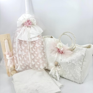 Butterfly baptism set-Baptism girl set-Greek baptism set-Orthodox Baptism-Greek Christening-Candle Ladopana Keepsake box Oil set.