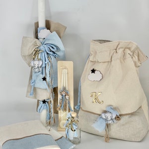 Elephant baptism set- Baby boy christening candle - Towel set- Personalized Baptism boy set - Greek baptism set-Orthodox Baptism.
