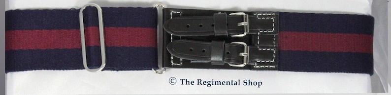 May include: A dark blue and maroon striped belt with a silver buckle and two black leather straps with silver buckles.