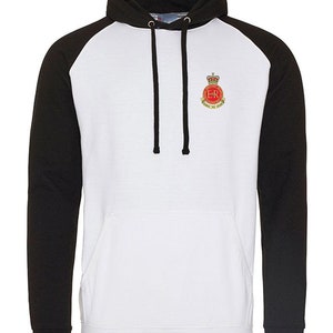May include: A white and black baseball style hoodie with a red and gold embroidered emblem on the front. The emblem features a crown, the letters "ER" and the words "ROYAL AIR FORCE".