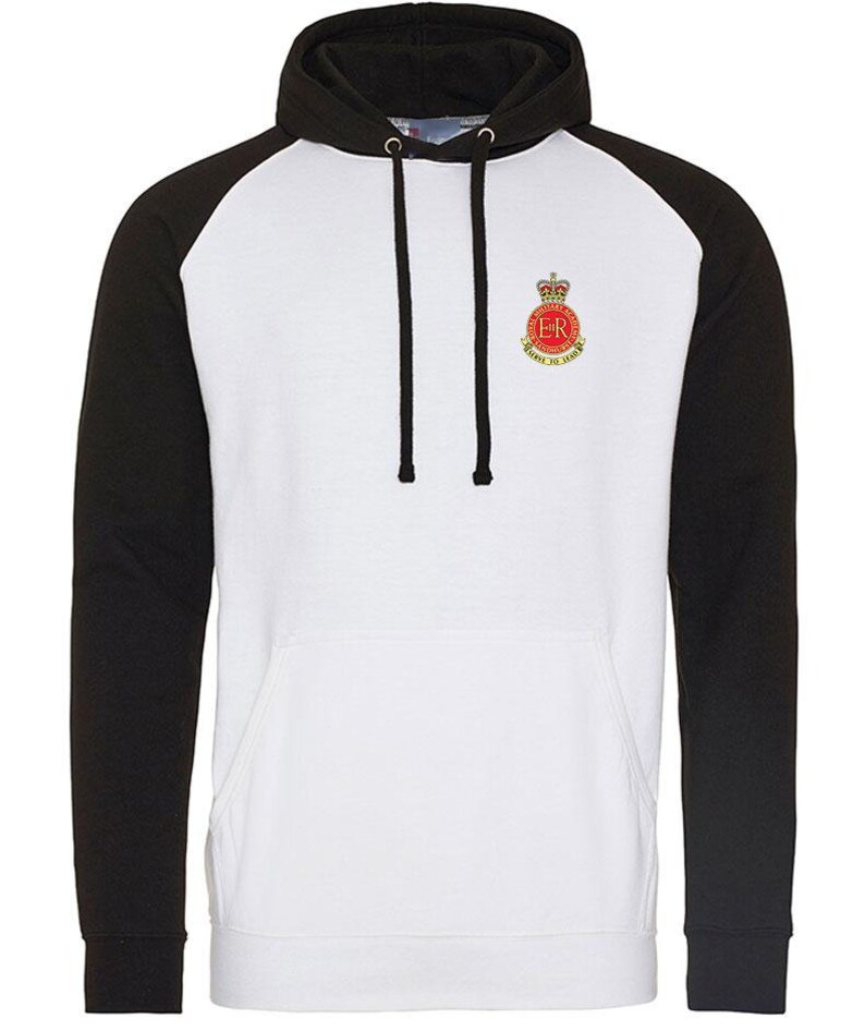 May include: A white and black baseball style hoodie with a red and gold embroidered emblem on the front. The emblem features a crown, the letters "ER" and the words "ROYAL AIR FORCE".