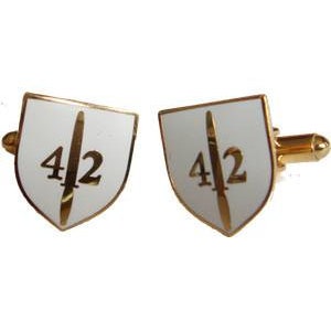 May include: A pair of gold-toned cufflinks. Each cufflink features a white shield design with a gold border, the number "42", and a vertical gold stripe. The cufflinks have a classic, elegant appearance.