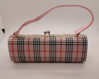 Spring Handbag Plaid Red, Black, Pink.  Pink satin inside.  8 1/2"L X 3"W X 2 1/2"W.