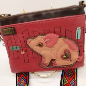 Chala shoulder handbag pig pink and brown 8 in L X 6 in W X .5 in D. Multi color diamond pattern strap image 2