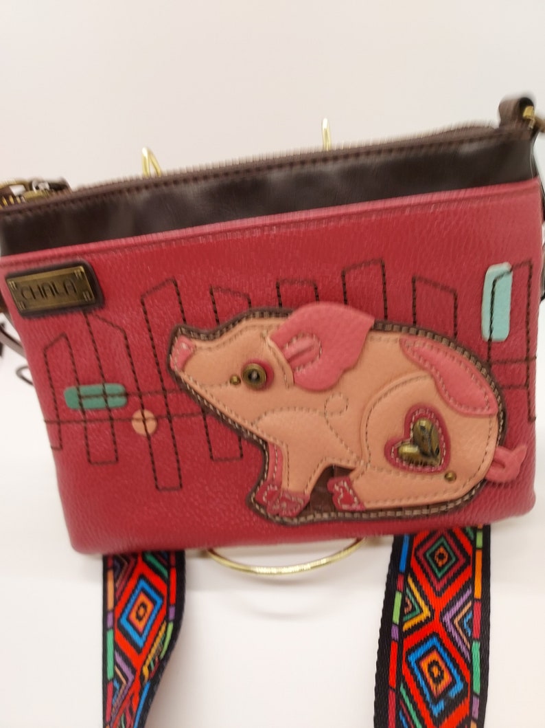 Chala shoulder handbag pig pink and brown 8 in L X 6 in W X .5 in D. Multi color diamond pattern strap image 2