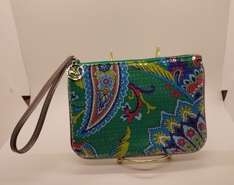 Vera Bradley Wristlet Multicolor Glitter Floral.  7 1/2"L X 5 1/2"W X 1/2"D.  Blue satin internal.