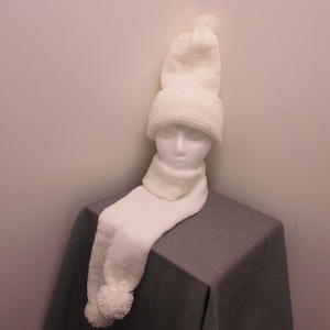 Scarf and Hat Set, White Double Lined Knit With Pom Poms