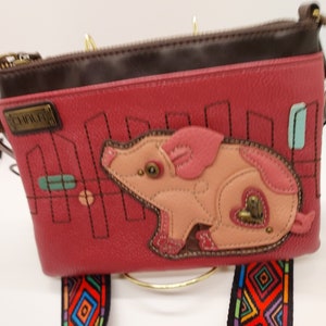 Chala shoulder handbag pig pink and brown 8 in L X 6 in W X .5 in D. Multi color diamond pattern strap image 1