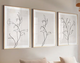 Poster Set 3-teilig, minimalistische Blumen Linienzeichnung, Premium Digitaldruck, abstraktes Pflanzenbild, Boho Wandbilder Set Wohnzimmer