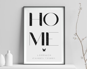 Poster - HOME, personalisiert mit Ort und GPS-Koordinaten, Geschenk für Umzug, Einzug, Feier, Richtfest