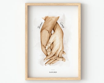 Bild mit Händen für Verliebte Braupaar, Wandbild Hochzeitsgeschenk, Liebespaar Poster, Verlobungsgeschenk personalisiert, hell-/dunkelhäutig