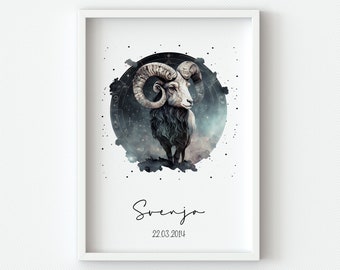 Sternzeichen Wandbild, personalisierte Illustration der Sternzeichen Steinbock bis Schütze mit Name+Geburtsdatum, Geburtstags-/Taufgeschenk