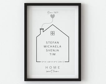 Home mural, house drawing, personalized housewarming gift with name, year, GPS coordinates