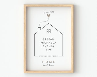 Poster at home, personalized with names of family members, GPS coordinates and desired year, gift moving, moving in, topping out ceremony