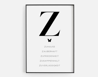 Monogramm Typografie-Poster, Buchstabe Z, positive Wörter mit Z, für Motivation und Balance, schöne Geschenkidee