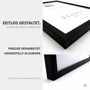 May include: A black picture frame with a white mat, displaying the text "21 x 29.7 DIN A4". The frame is made of wood and has a minimalist design. The text "ZEITLOS GESTALTET" is visible.