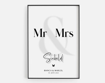 Poster "Mr & Mrs", personalisiert mit Vornamen, Nachname und Datum, Geschenk zur Hochzeit, Jubiläum, Valentinstag, Geburtstag, Pärchen