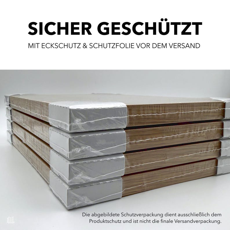 May include: A stack of rectangular wooden panels, wrapped in clear plastic and protected by white corner protectors. The text "SICHER GESCH&Uuml;TZT" is displayed at the top, with additional German text below. The image shows the product packaging.