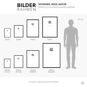 May include: A display of framed art prints in various sizes, including 20x30 cm, 30x40 cm, 40x60 cm, and 50x70 cm, with a person silhouette for scale. The frames are black, and the prints feature a minimalist design. Text on the image reads "BILDER RAHMEN".